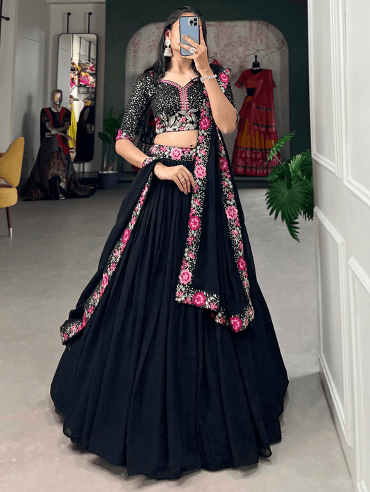 Elegant Black Lehenga Choli with Floral Embroidery