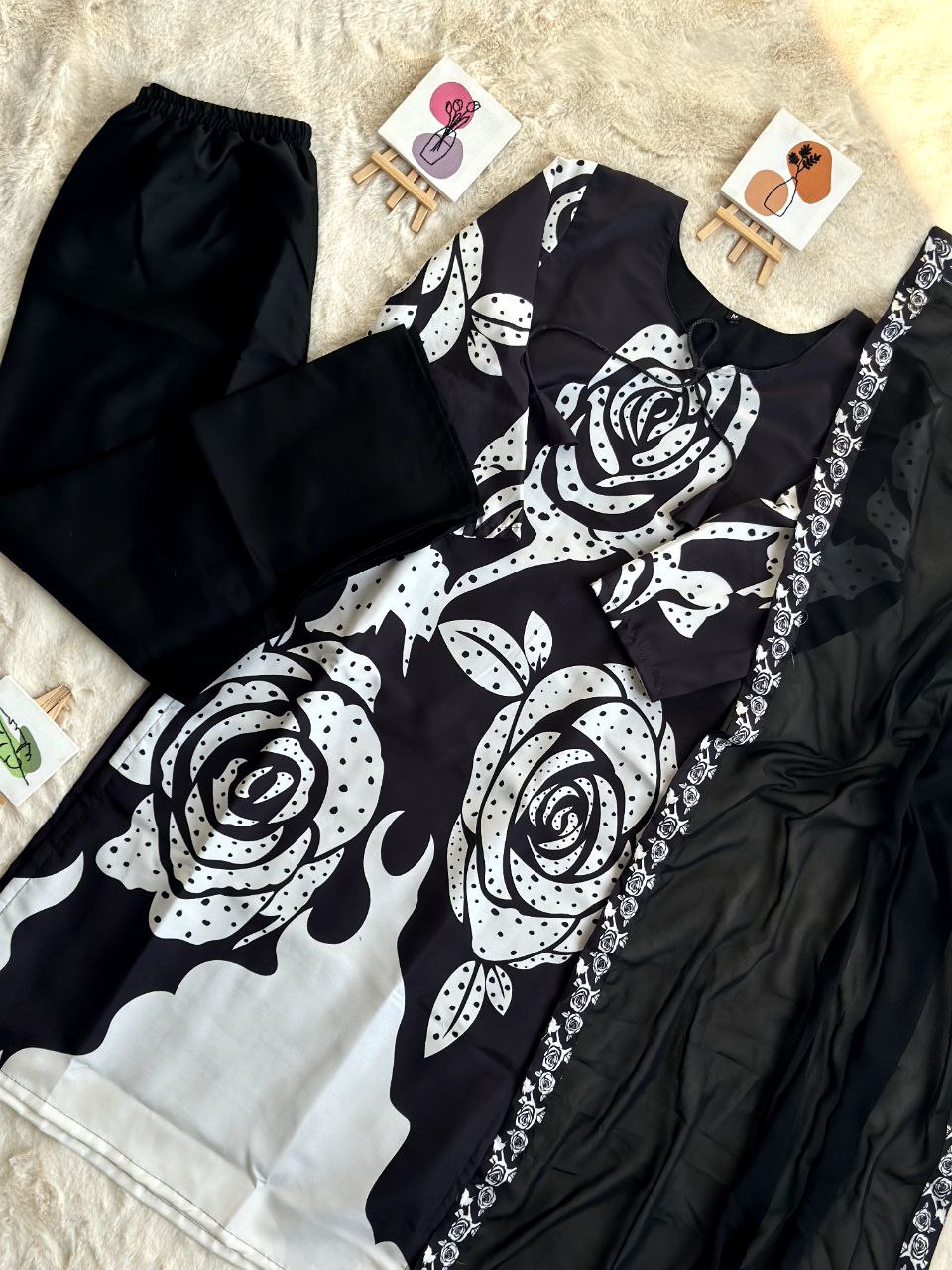 Elegant Black Maslin Cotton Kurta Palazzo Set with Printed Dupatta - Perfect for Ramadan & Parties