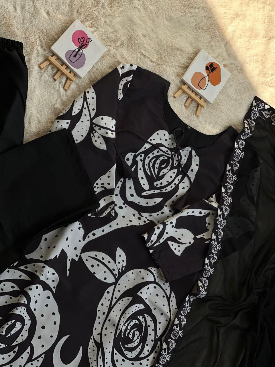 Elegant Black Maslin Cotton Kurta Palazzo Set with Printed Dupatta - Perfect for Ramadan & Parties