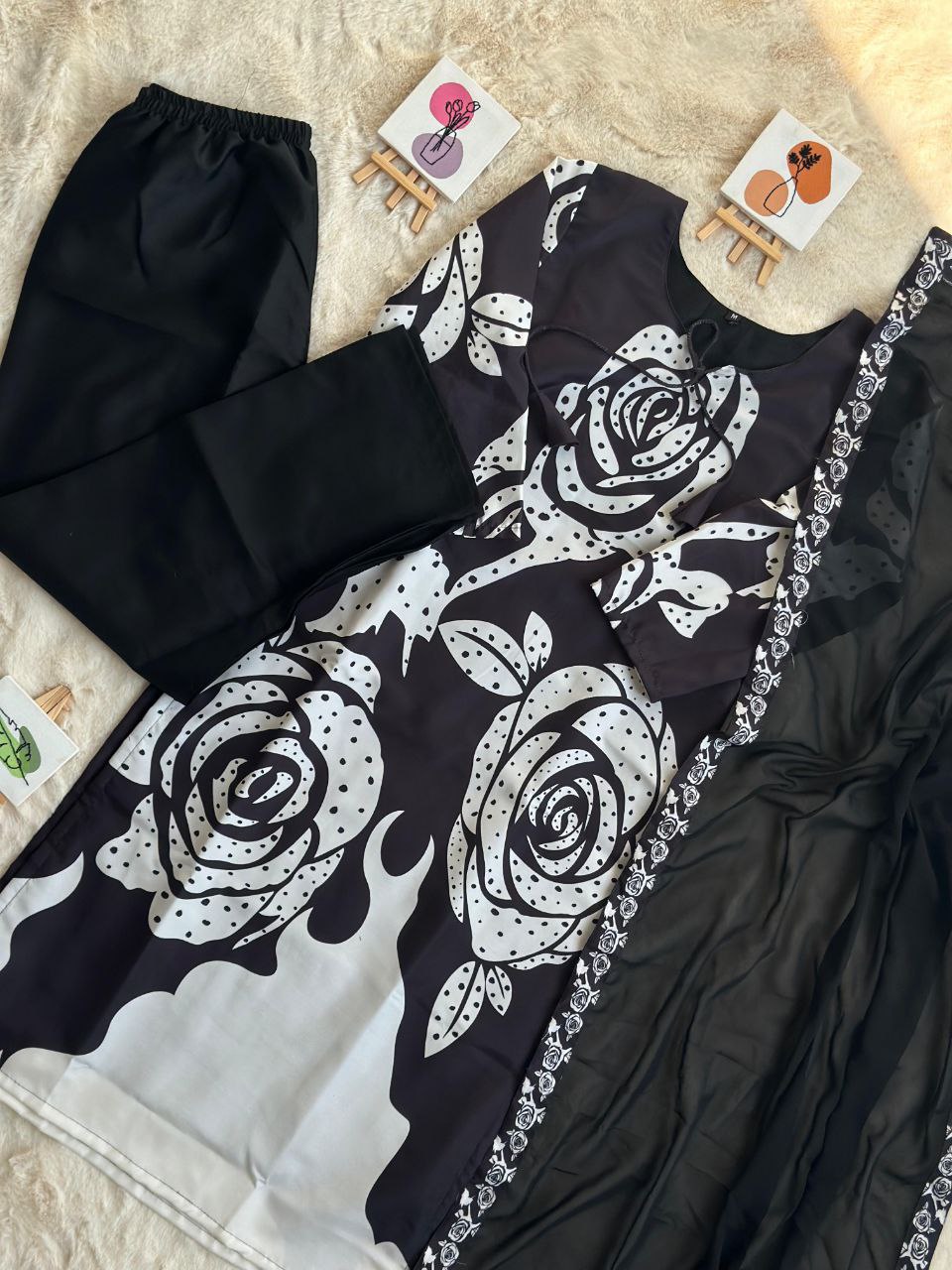 Elegant Black Maslin Cotton Kurta Palazzo Set with Printed Dupatta - Perfect for Ramadan & Parties