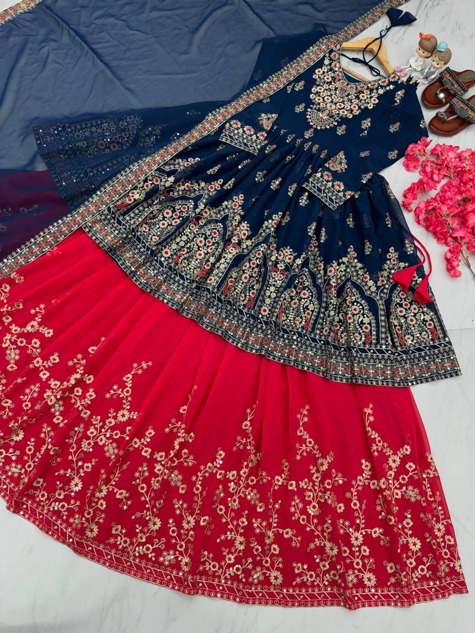 Elegant Blue Designer Party Wear Georgette Top Lehenga Set with Dupatta