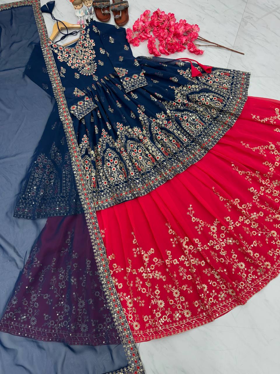 Elegant Blue Designer Party Wear Georgette Top Lehenga Set with Dupatta