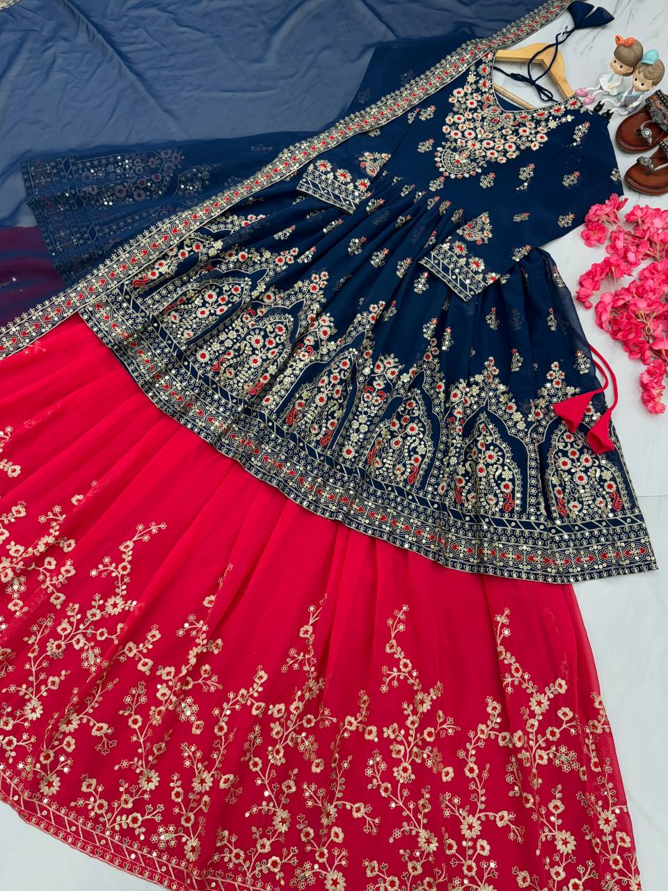 Elegant Blue Designer Party Wear Georgette Top Lehenga Set with Dupatta