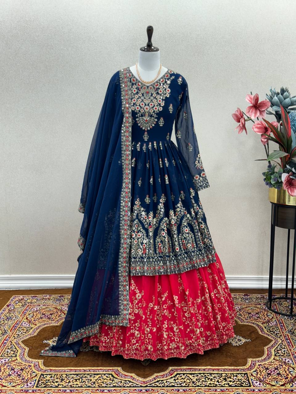 Elegant Blue Designer Party Wear Georgette Top Lehenga Set with Dupatta
