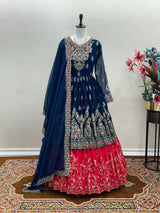 Elegant Blue Designer Party Wear Georgette Top Lehenga Set with Dupatta