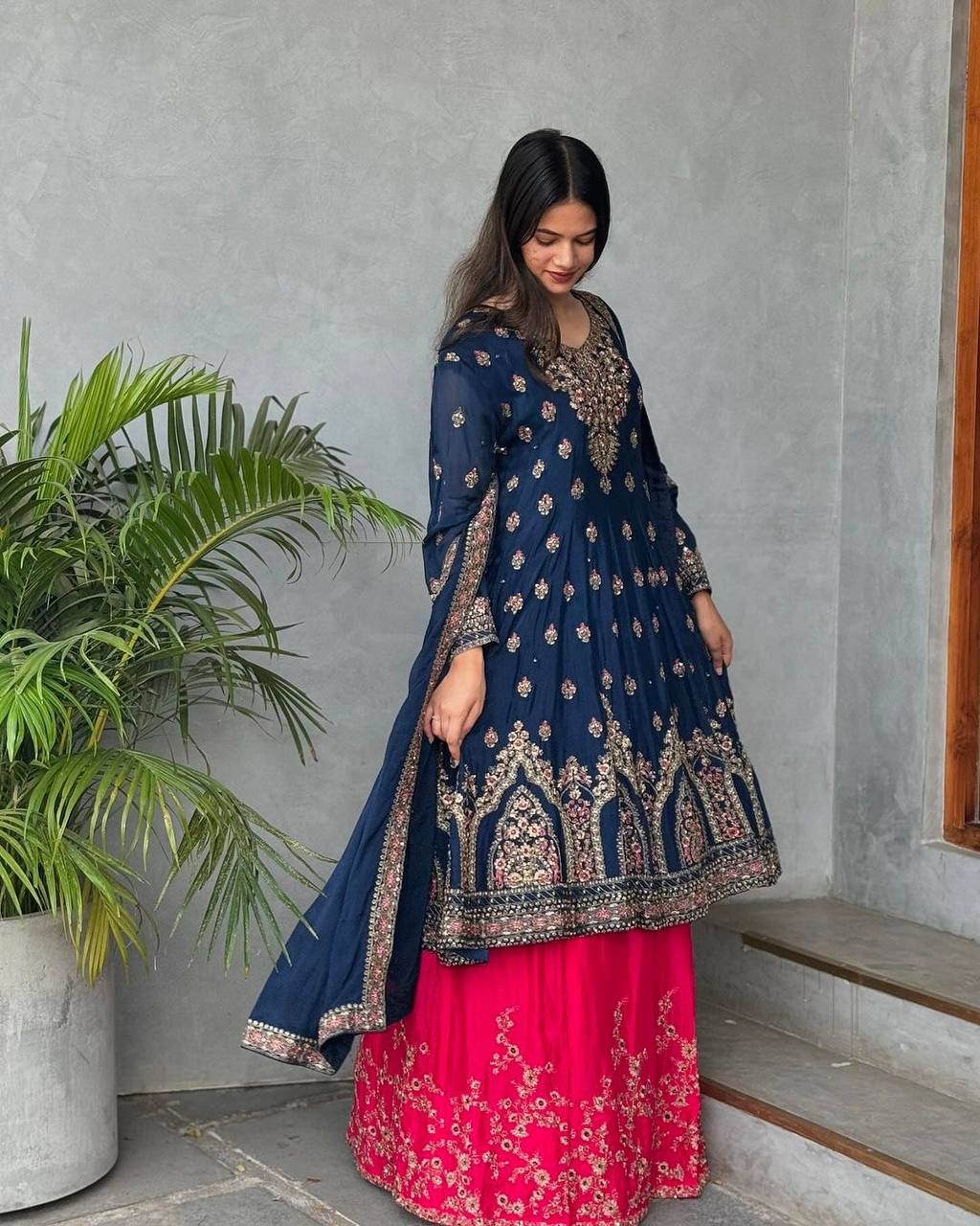 Elegant Blue Designer Party Wear Georgette Top Lehenga Set with Dupatta