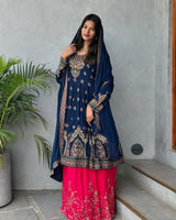 Elegant Blue Designer Party Wear Georgette Top Lehenga Set with Dupatta
