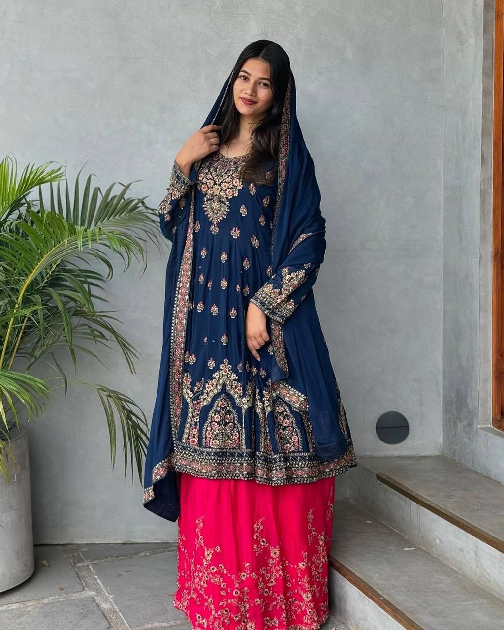 Elegant Blue Designer Party Wear Georgette Top Lehenga Set with Dupatta