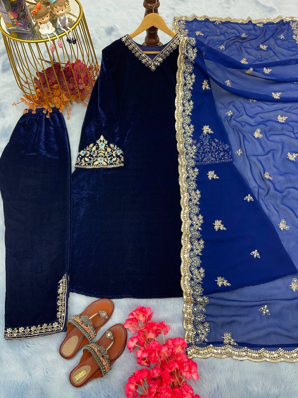 Elegant Blue Velvet Suit Set with Stunning Embroider