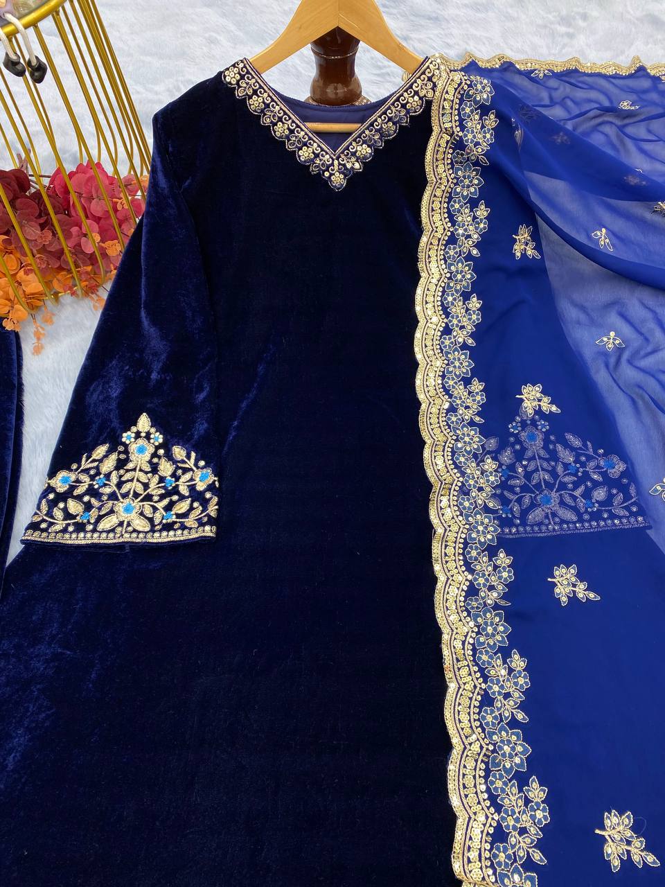 Elegant Blue Velvet Suit Set with Stunning Embroider