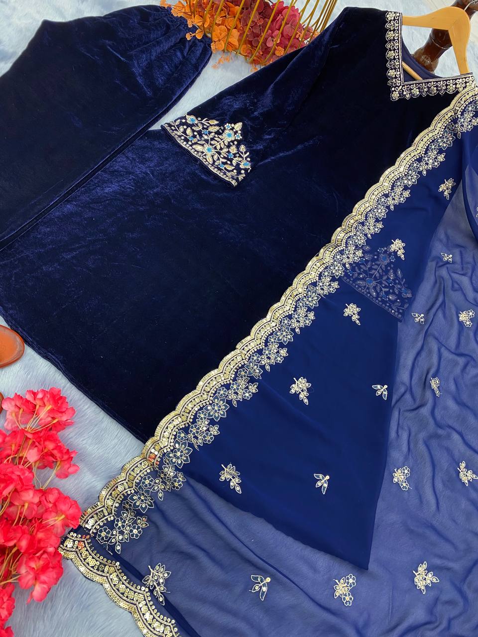 Elegant Blue Velvet Suit Set with Stunning Embroider
