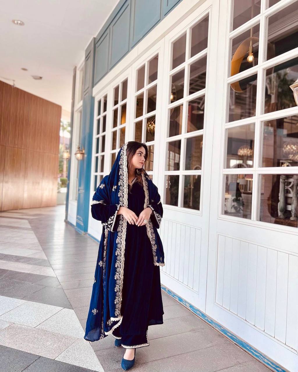 Elegant Blue Velvet Suit Set with Stunning Embroider