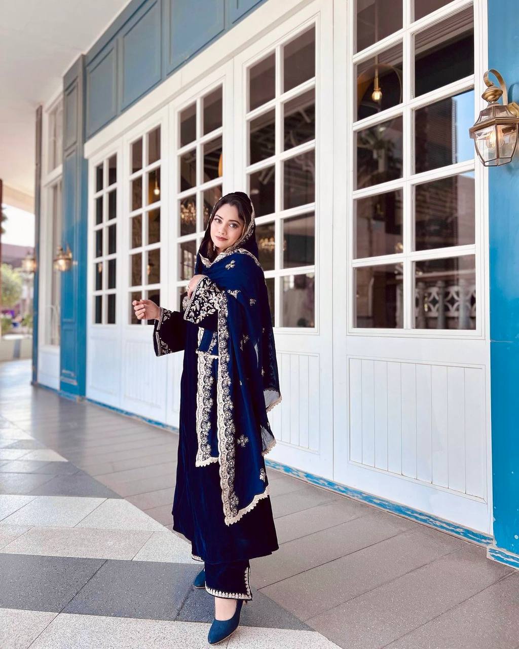Elegant Blue Velvet Suit Set with Stunning Embroider