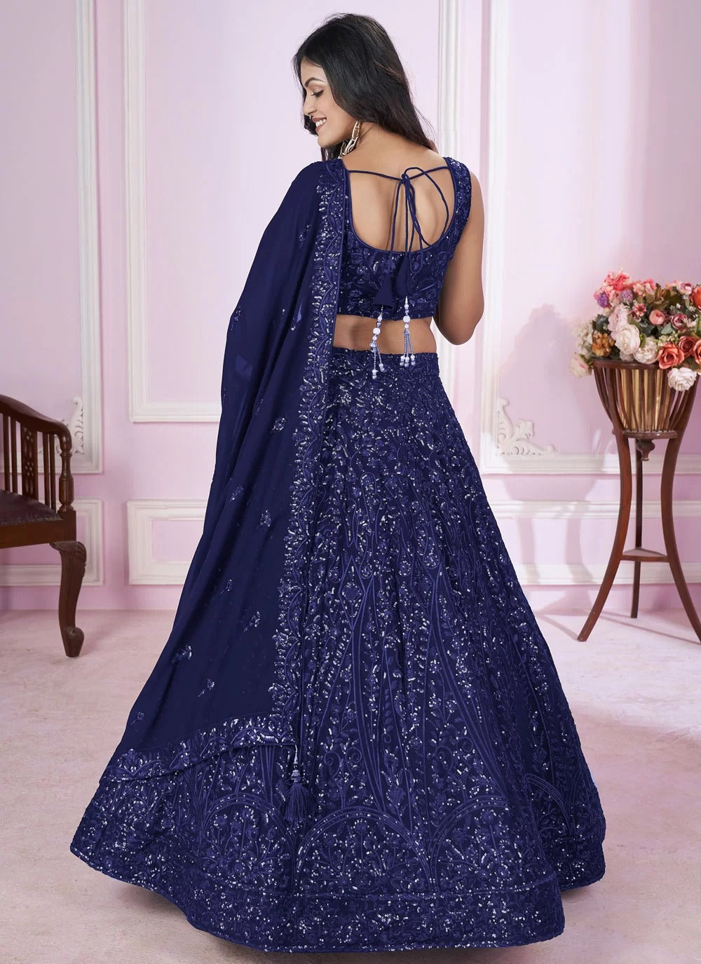 Elegant blue georgette bridesmaid lehenga with sequins embroidery work
