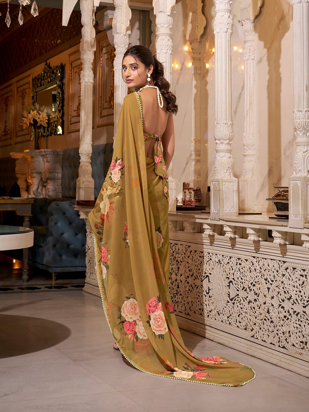 Brown georgette plain saree with printed pearl lace border