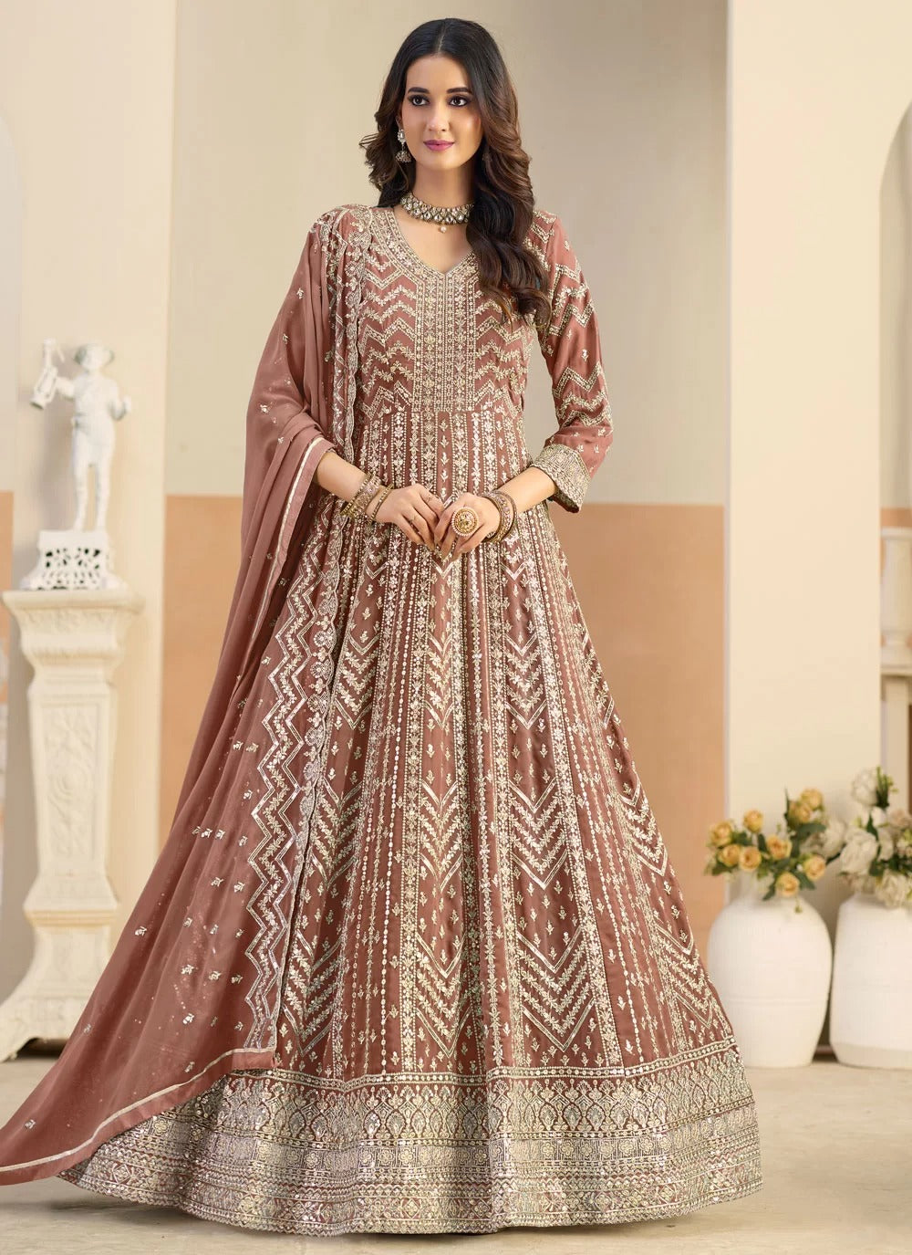 Brown faux georgette floor length anarkali suit with heavy embroidery work