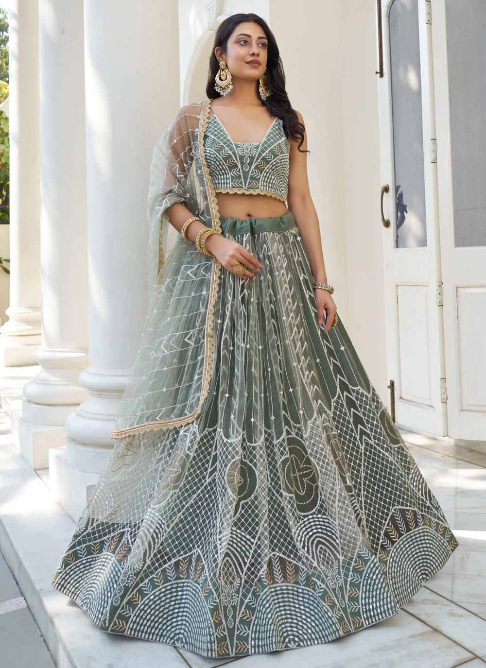 Elegant dusty green butterfly net party wear lehenga set