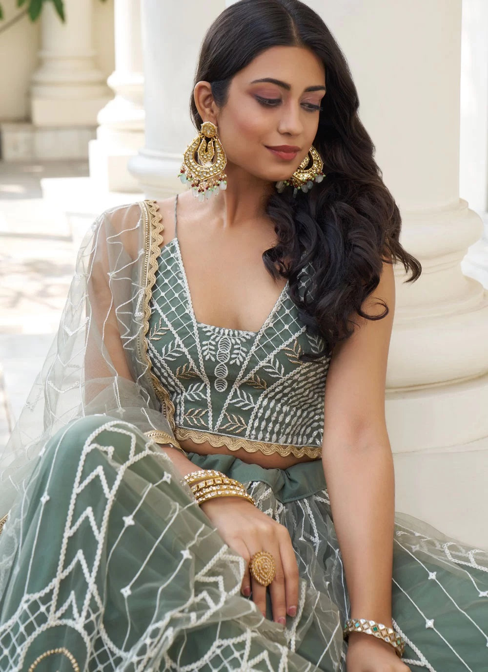 Elegant dusty green butterfly net party wear lehenga set