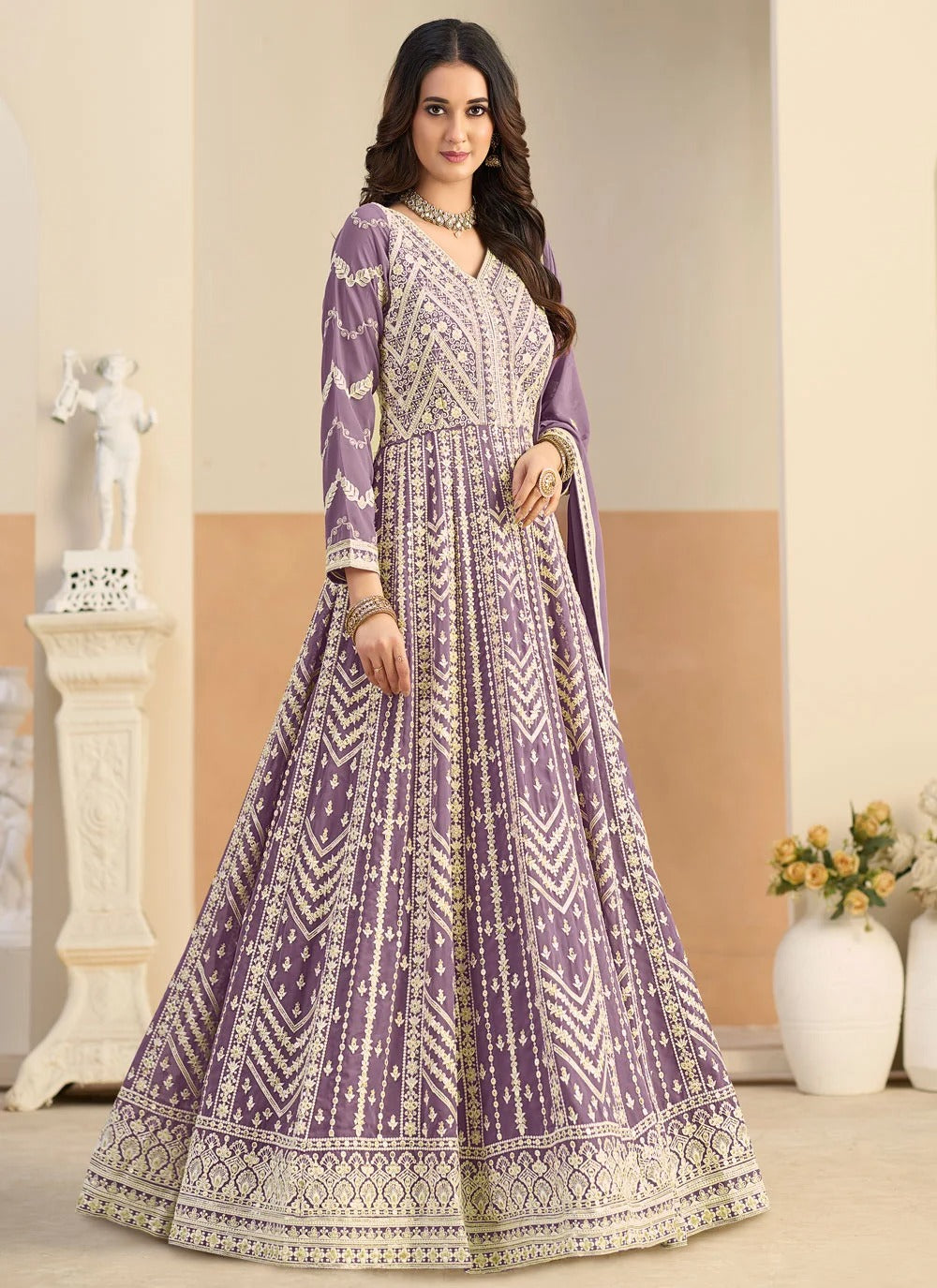 Lavender embroidered anarkali suit in faux georgette for engagement wear