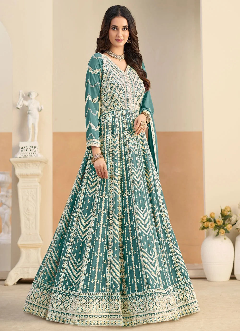 Sea green embroidered anarkali suit in faux georgette for mehndi wear