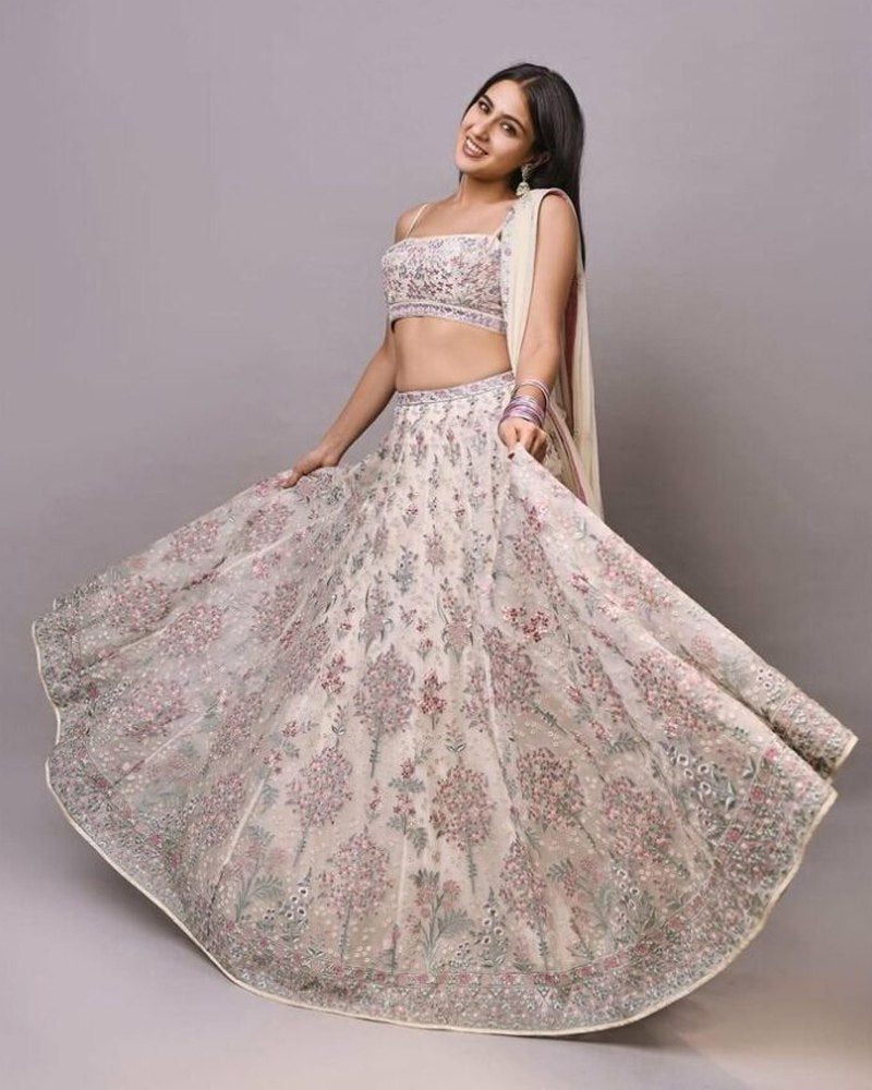 Elegant Georgette White Lehenga Choli Set with Thread Embroidery and Sequined Dupatta