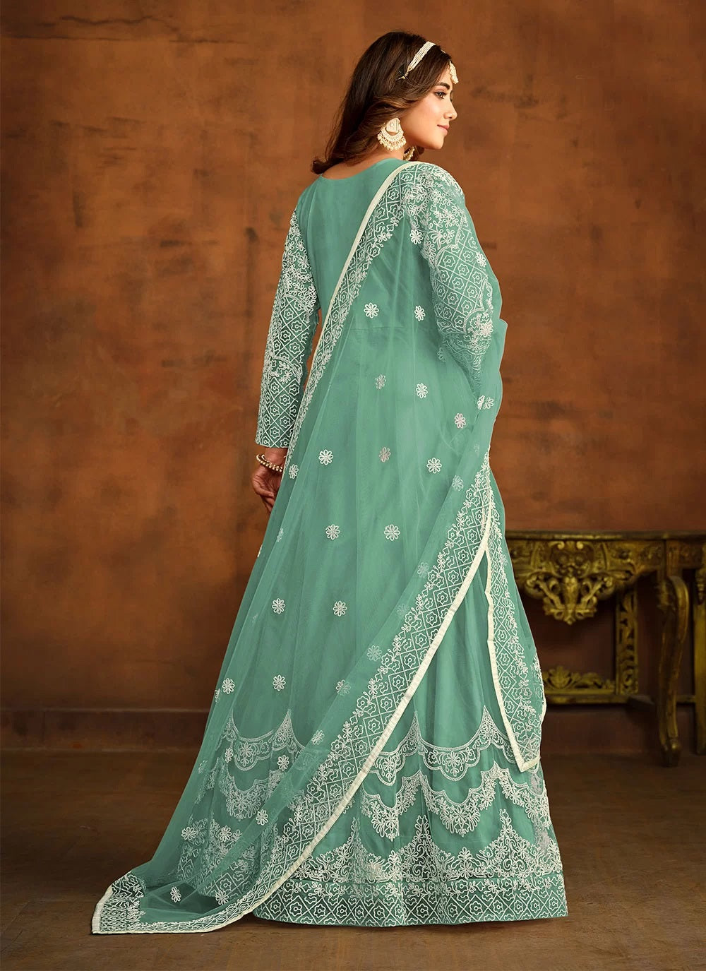 Elegant green net embroidered anarkali suit