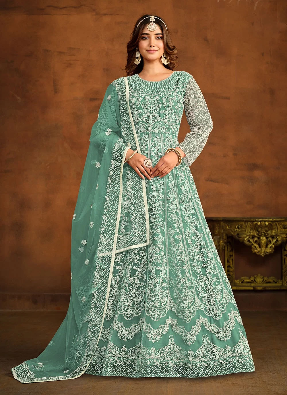 Elegant green net embroidered anarkali suit