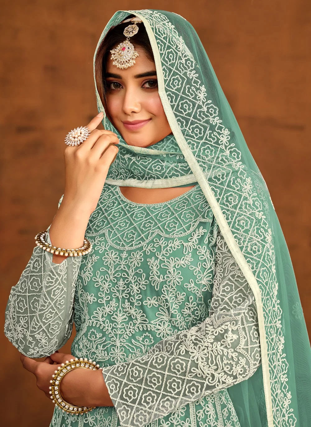 Elegant green net embroidered anarkali suit