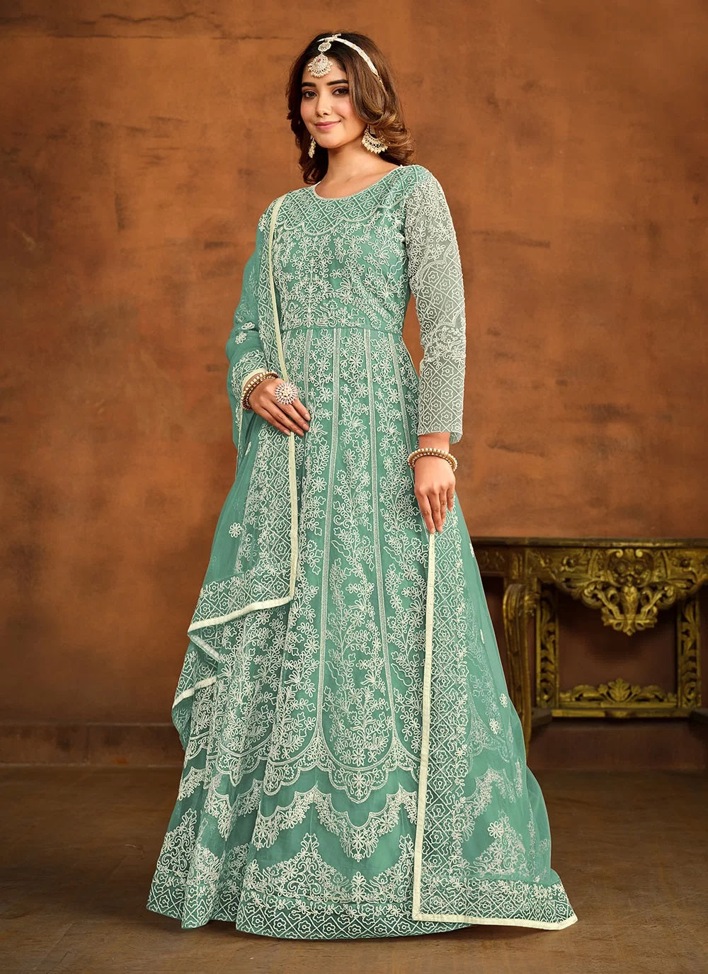 Elegant green net embroidered anarkali suit