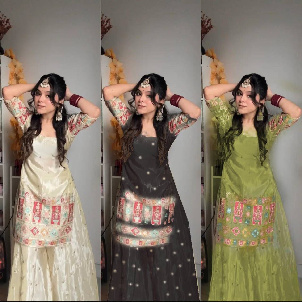 Elegant Heavy Chinnon Silk Embroidered Sharara Set – Top, Palazzo & Dupatta