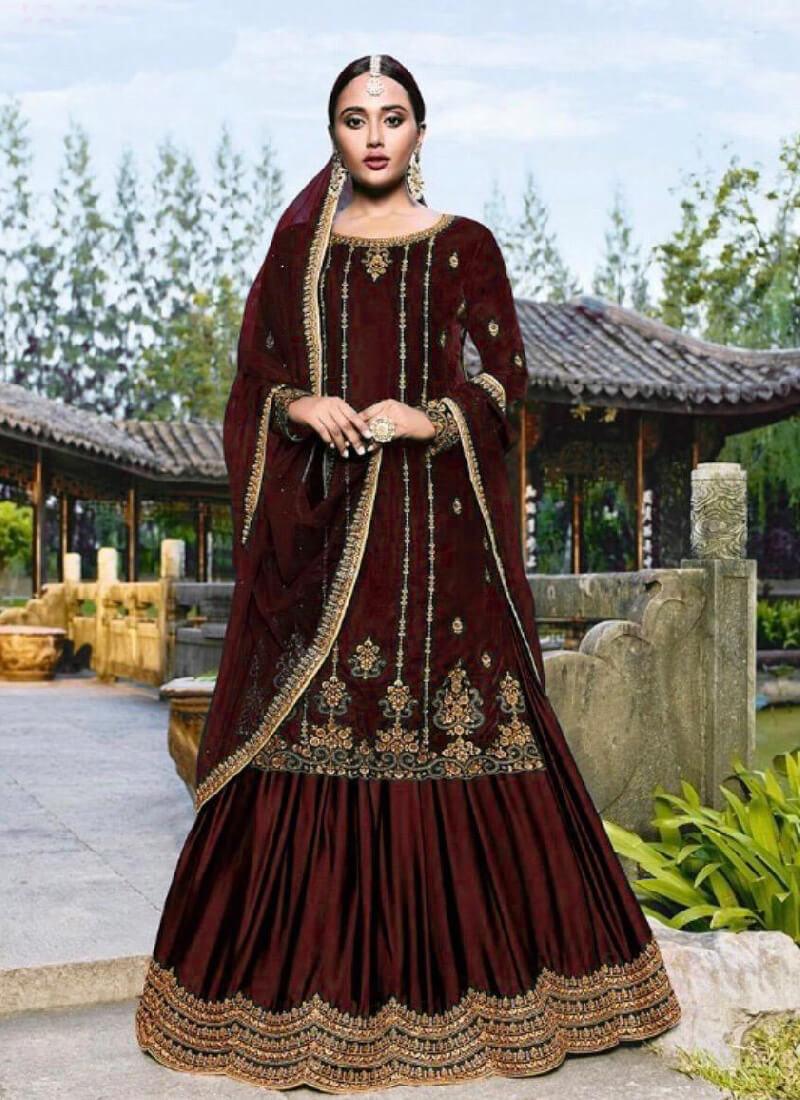 Elegant Maroon Color Velvet Base Embroidered Lehenga Suit