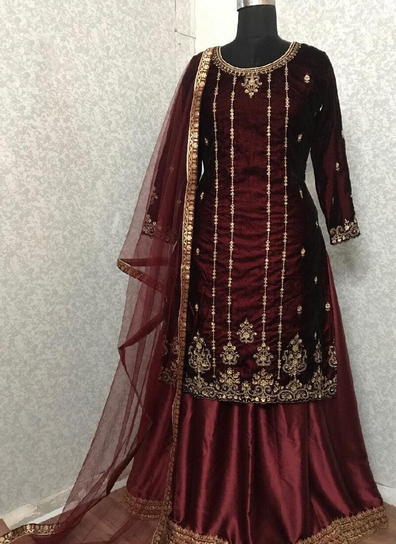 Elegant Maroon Color Velvet Base Embroidered Lehenga Suit