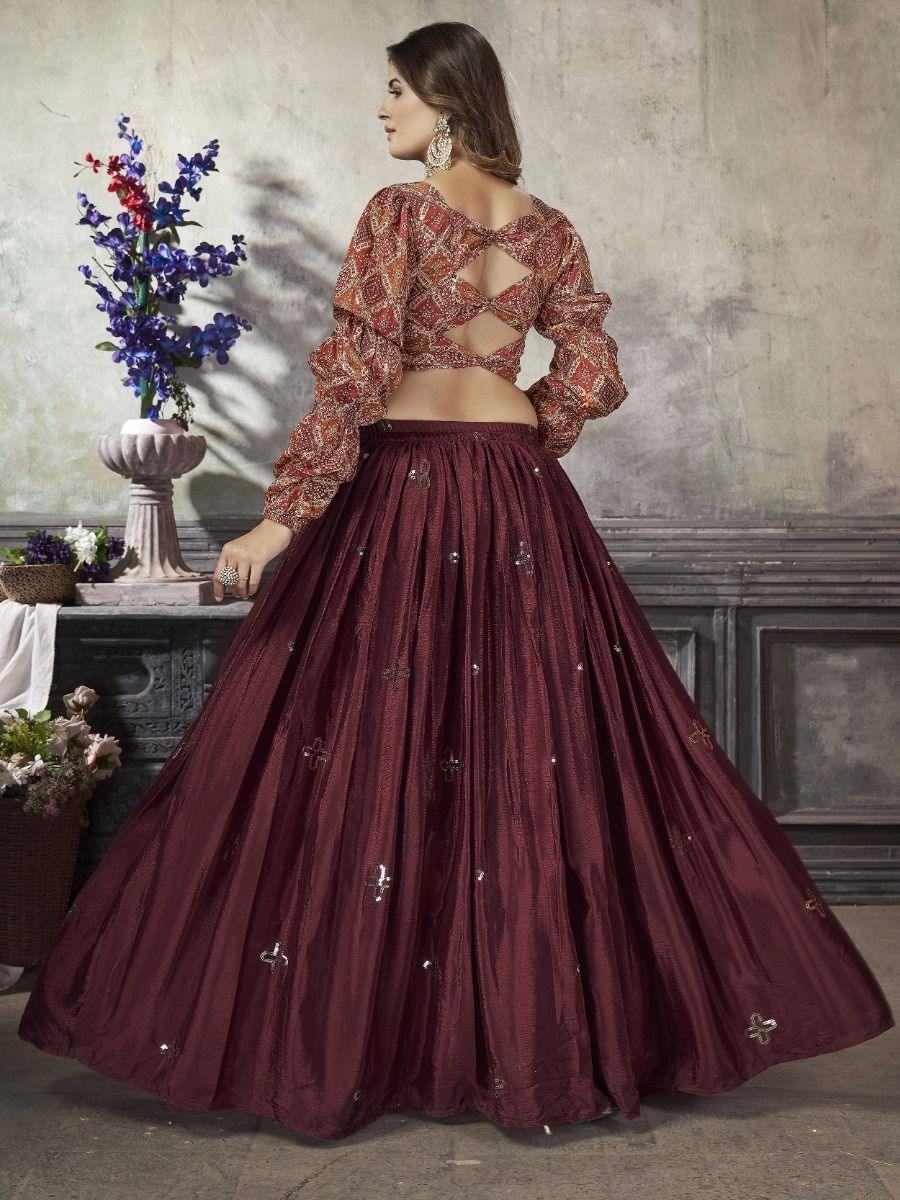 Elegant Maroon Sequins Work Silk Ready-Made Crop Top Lehenga