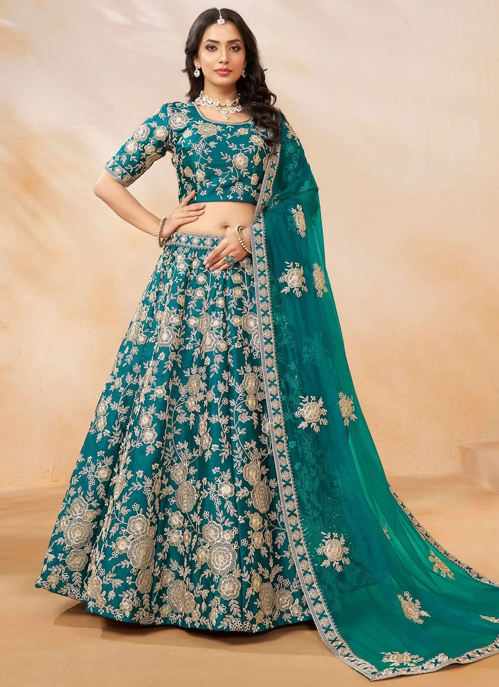 Elegant morpeach art silk wedding lehenga