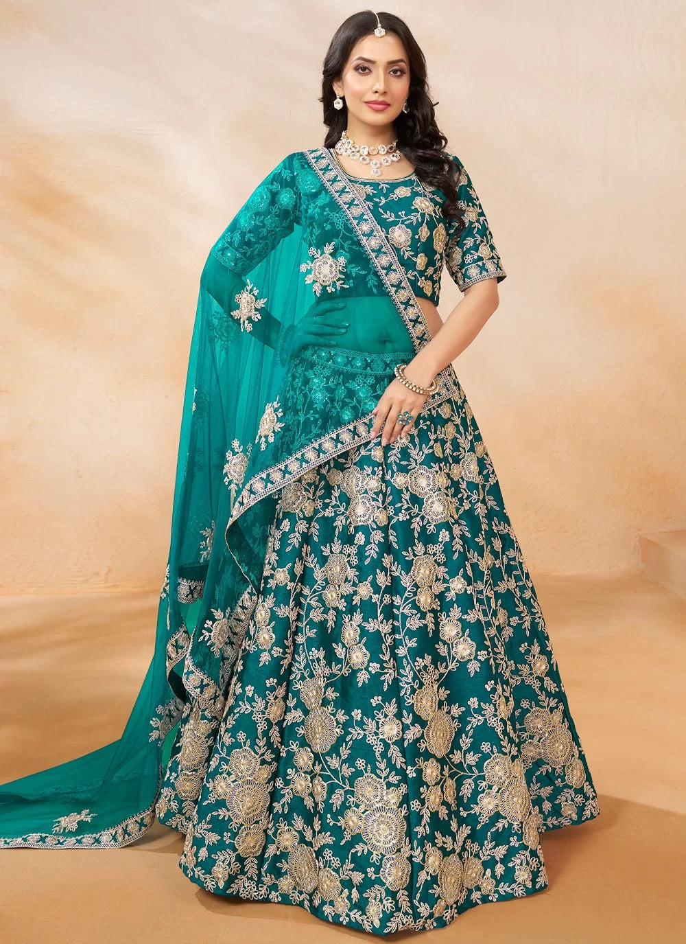 Elegant morpeach art silk wedding lehenga