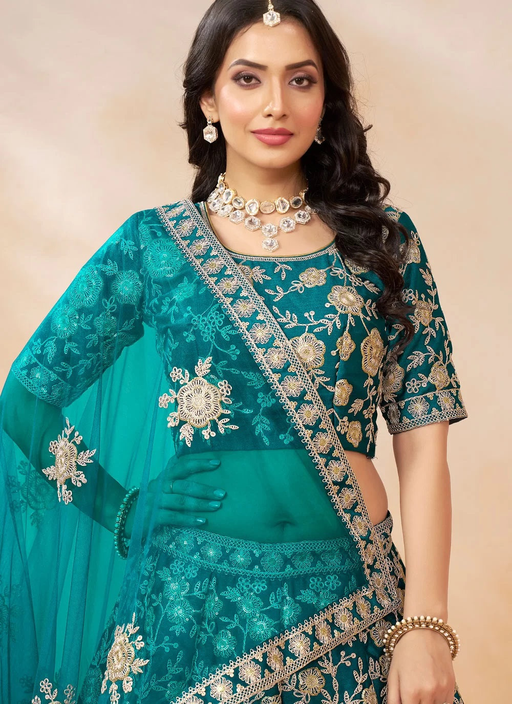Elegant morpeach art silk wedding lehenga