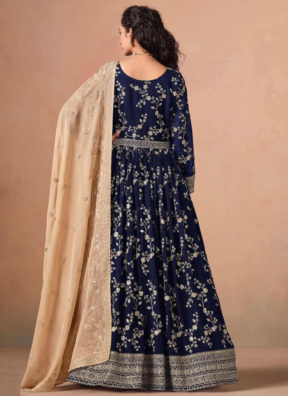 Elegant navy blue faux georgette embroidered floor length anarkali suit with organza dupatta