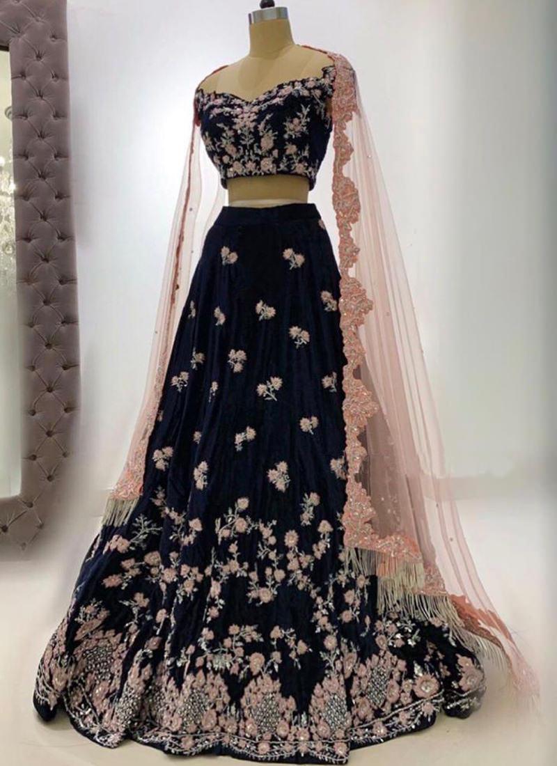 Elegant Navy Blue Zari Moti Lace Velvet Lehenga Choli Set