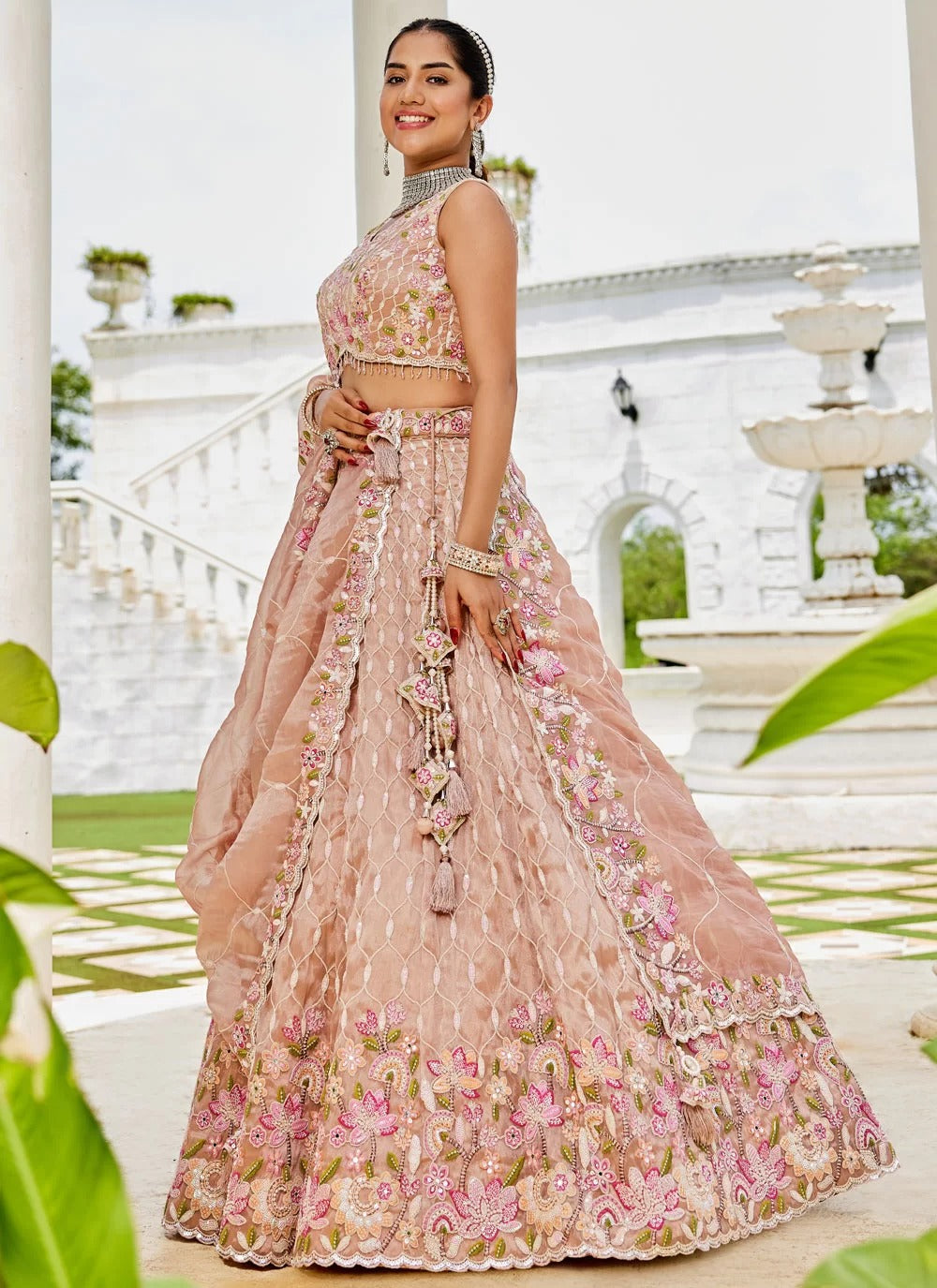 Stylish nude satin silk sequins bridal lehenga choli with dupatta