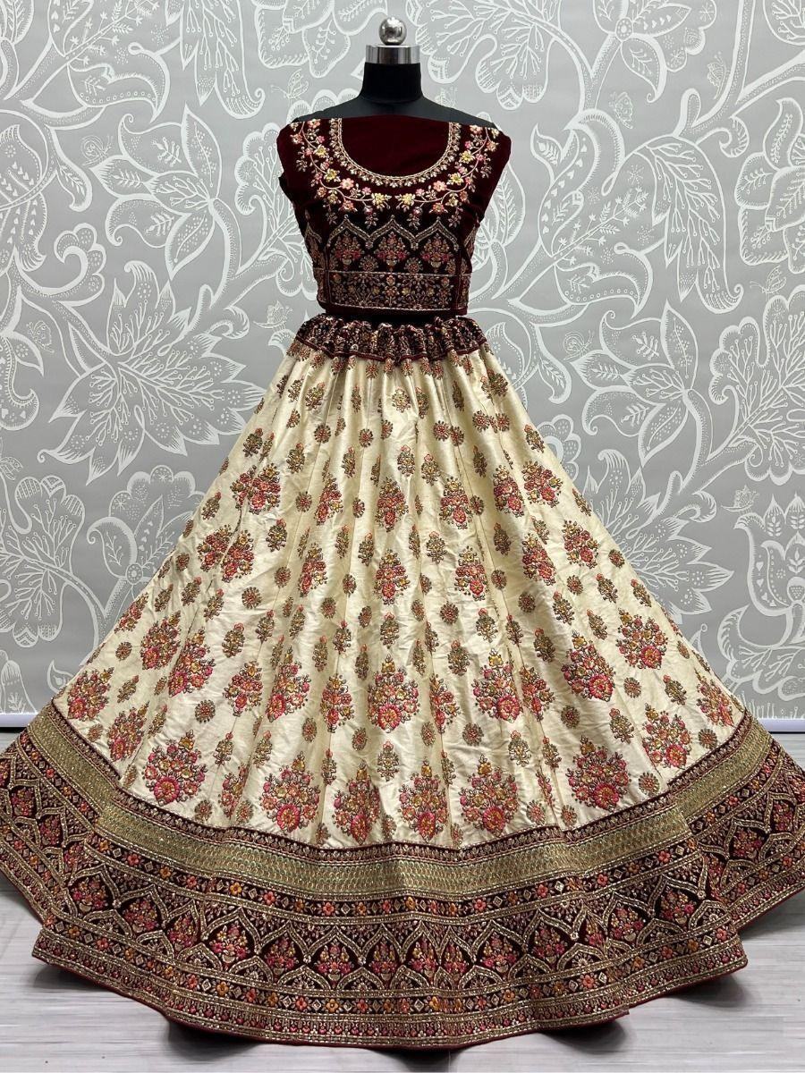 Elegant Off-white Embroidered Silk Wedding Wear Lehenga Choli
