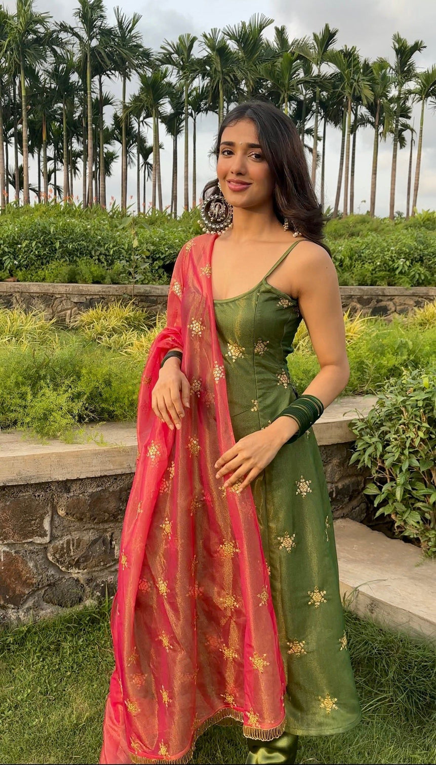 Elegant Olive Green Pant Style Suit with Zari & Sequins Work