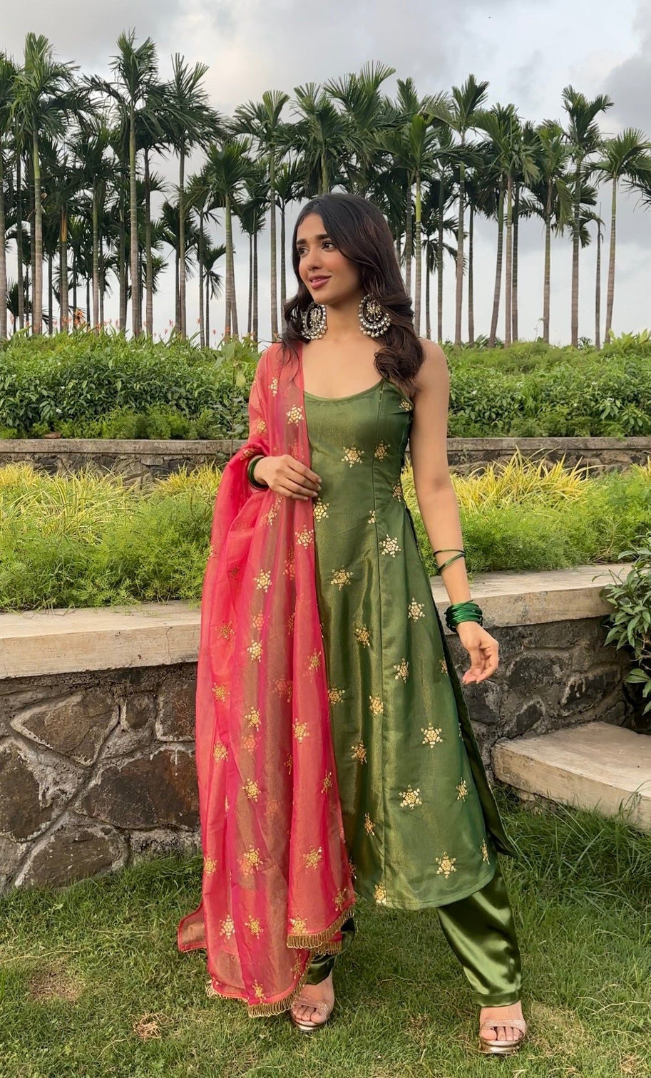 Elegant Olive Green Pant Style Suit with Zari & Sequins Work