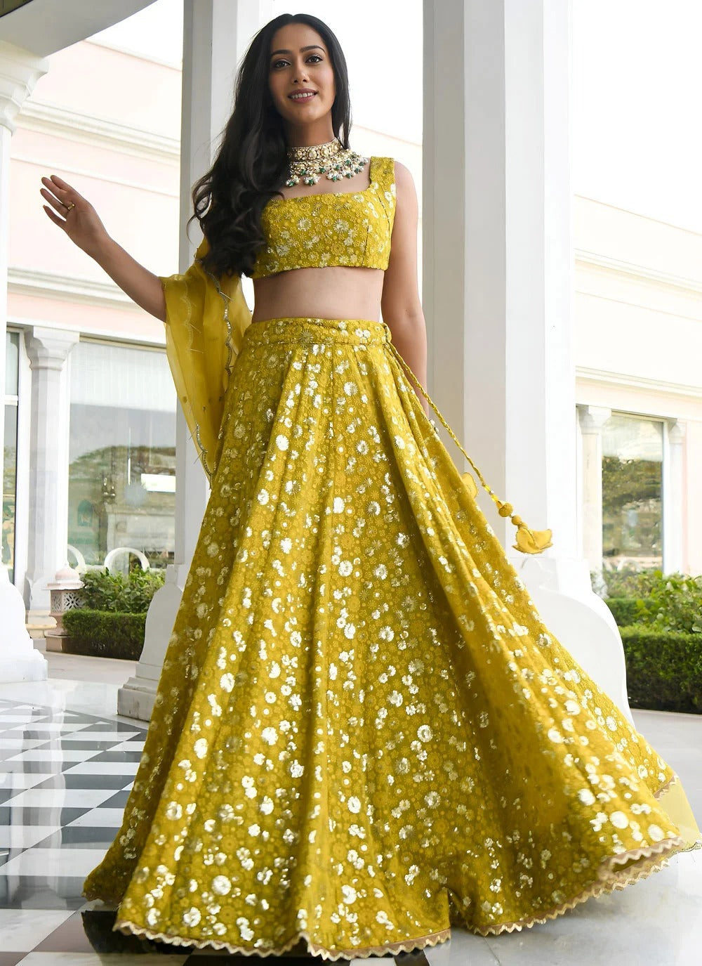 Olive yellow mehndi lehenga in georgette with sequins embroidery