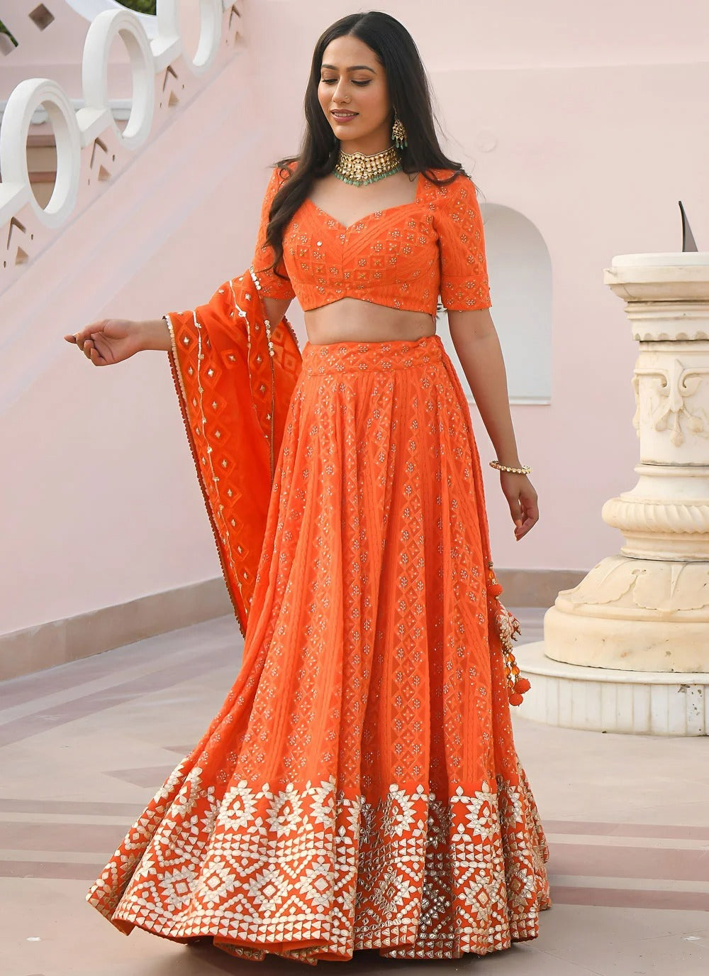Orange bridesmaid lehenga in georgette with gota patti embroidery