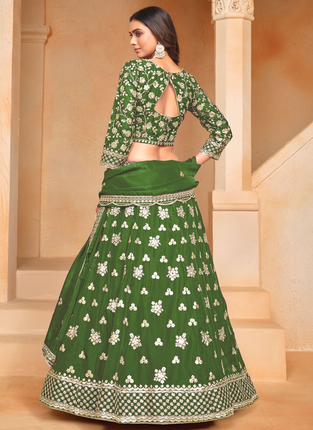 Green organza party wear lehenga with embroidered dupatta for women