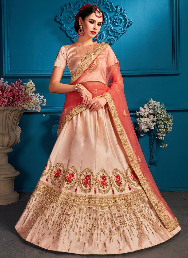 Elegant Peach Color Satin Embroidered Lehenga Choli