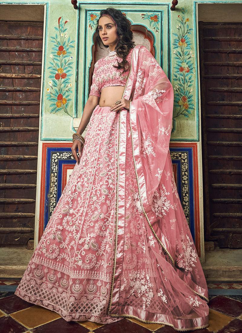 Elegant Peach Pink Soft Net Pearl And Resham Work Trendy Lehenga Choli