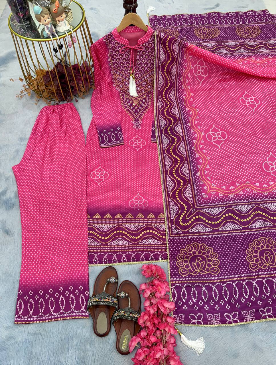 Elegant Pink Designer Party Wear Chinon Silk Top, Palazzo & Dupatta Set