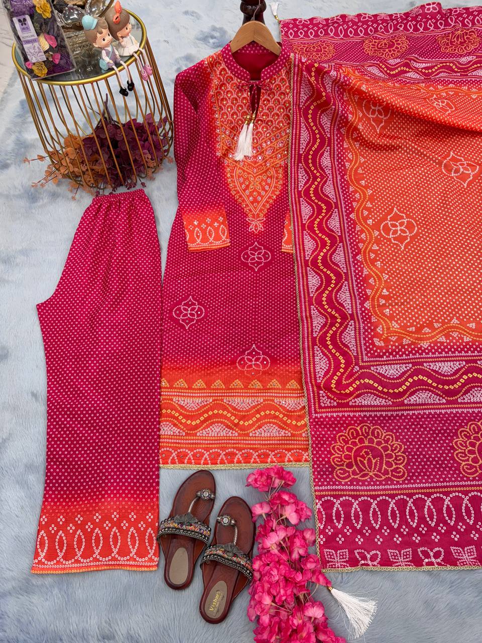 Rani Pink Elegant Designer Party Wear Chinon Silk Top, Palazzo & Dupatta Set