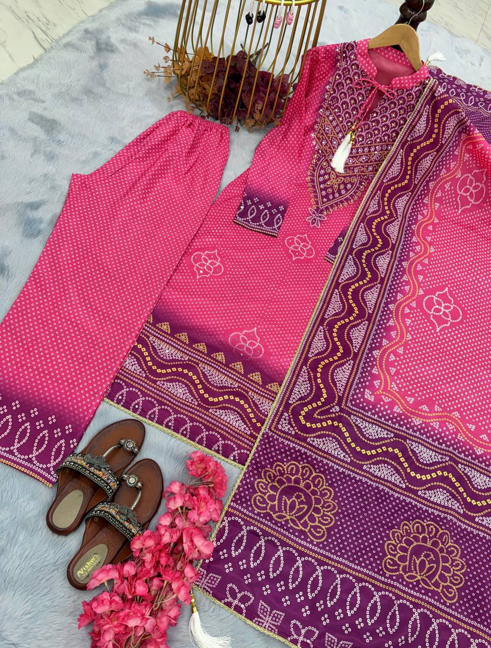 Elegant Pink Designer Party Wear Chinon Silk Top, Palazzo & Dupatta Set